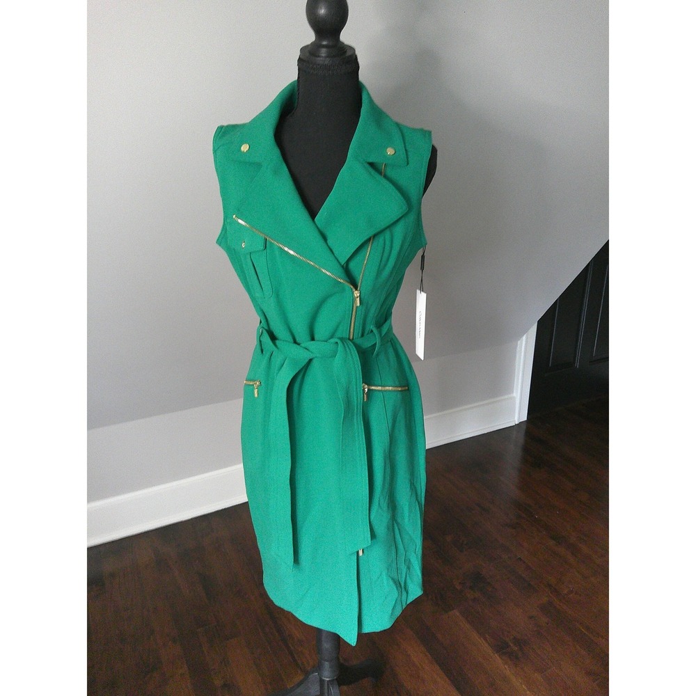 Calvin Klein Trench Dress Womens 8 Green NWT Gold Zip Belted CD1C15F7